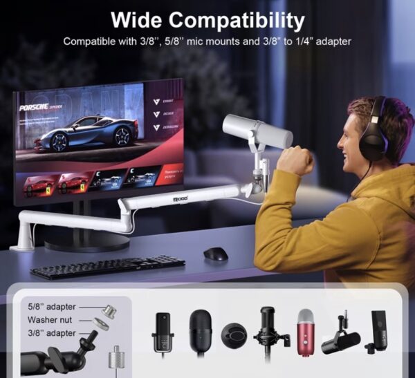 ⁦White Heavy-Duty Microphone Desk Arm Stand, 360 Degree Rotatable with Built-In Cable Management, for Podcast, Video, Gaming, Radio, Studio, Recording)ستاند بدون مايك⁩ - الصورة ⁦3⁩