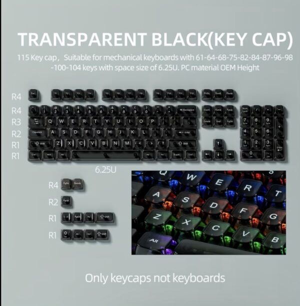 ⁦115-Key Clear Mechanical Keyboard Keycaps Set, Jar Packaging, OEM Profile, Shine-Through Design, Cross Stem, Compatible with 104/100/98/87/75/60 Layouts, Ergonomic⁩ - الصورة ⁦1⁩