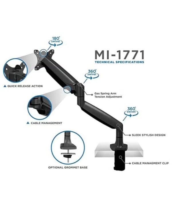 Single Monitor Arm Desk Mount with Gas Spring and Full Motion Articulating Height Adjustable Wing Which Fits 21 22 23 24 27 30 32 Inch VESA Computer Screen - Image 3